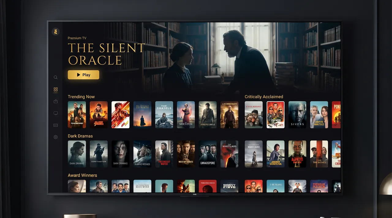 ExYu IPTV video-on-demand interface with hundreds of movie and series posters in an elegant dark menu, no contract required